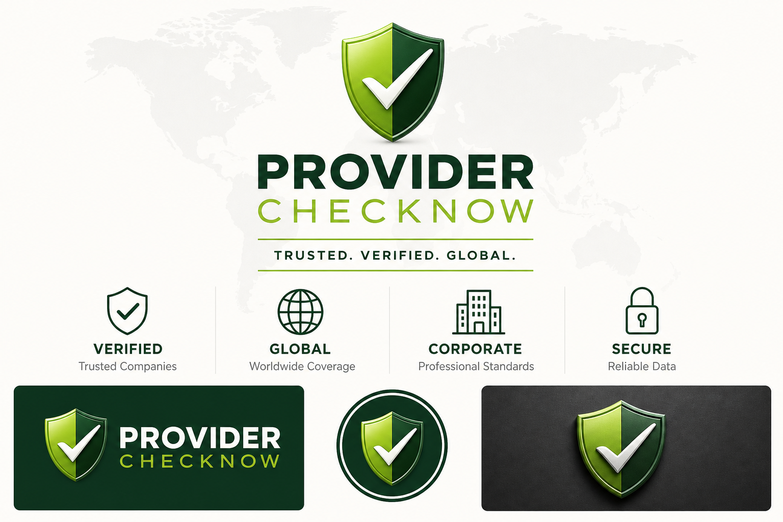 ProviderCheck brand identity — Trusted. Verified. Global. Shield mark with worldwide verification pillars.